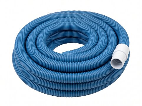 Blue Corrugated Flexible Hose with White Connector for Pool Cleaning or Water Transfer on White Background