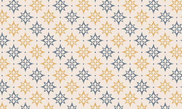 Gold and Navy Geometric Star Medallion Seamless Vector Pattern on Cream Background