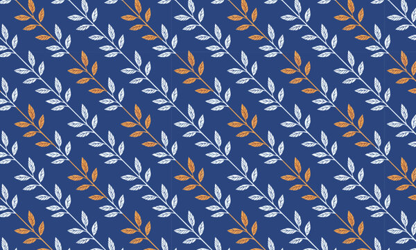 Navy Blue Diagonal Sprig Seamless Vector Pattern with White and Amber Leaf Motifs