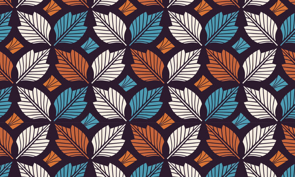 Bold Ethnic Leaf Seamless Vector Pattern &mdash; Block Print Style in Teal, Orange and Navy