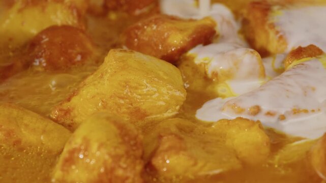 Chicken tikka masala curry boiling in a pan at a professional restaurant kitchen, Indian and Japanese style spicy curry sauce simmering and preparation by a chef