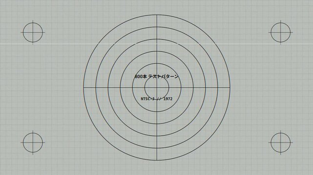 Retro Japanese television test pattern card with circular lines and grid background.