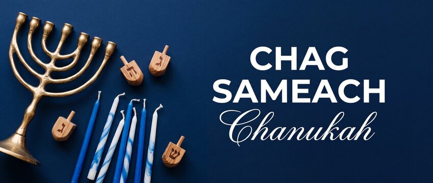 Hanukkah menorah dreidel blue backgrounds with Chag Sameach Chanukah greeting text, traditional Jewish holiday candles and gold menorah for festive celebration horizontal banner background template.