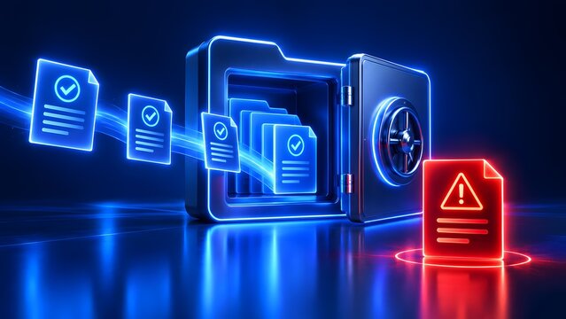 Secure digital vault storing approved blue document files and excluding red flagged error file for cyber security
