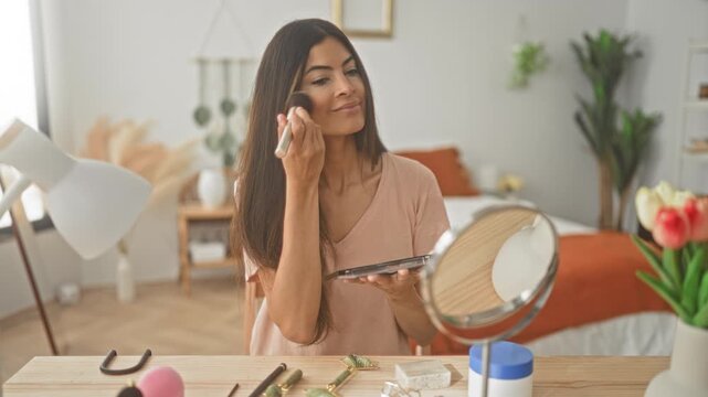 Woman applying makeup brush to cheek while holding compact mirror at bedroom vanity; self care calm.