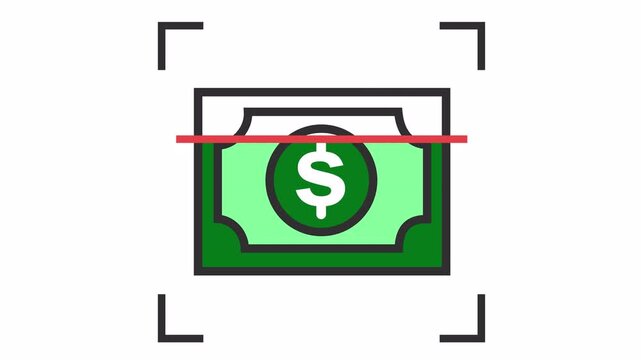 Dollar banknote scanning icon with red laser line and frame corner brackets cartoon animation for digital payment symbol and financial transaction icon isolated on an alpha channel.