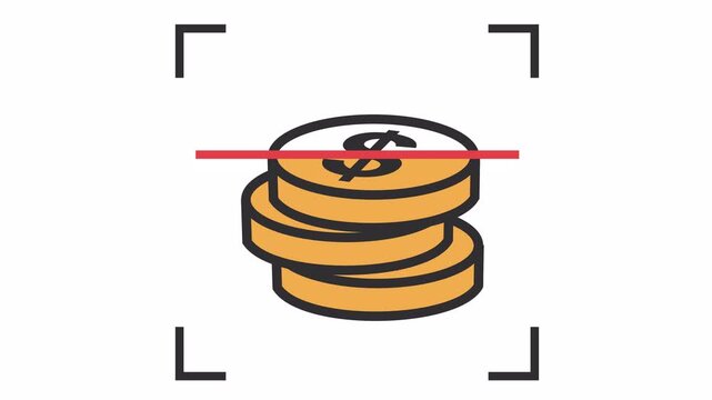 Dollar coin stack scanning icon with red laser line and viewfinder corner brackets cartoon animation for digital payment symbol and financial transaction icon isolated on an alpha channel.