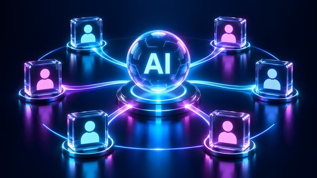 Glowing artificial intelligence sphere orchestrating a circular ring network of connected user profile modules