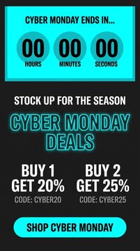 Cyber Monday Deals Banner, Buy 1 Get 20% Buy 2 Get 25% Off Promo Codes, Cyan Countdown Design