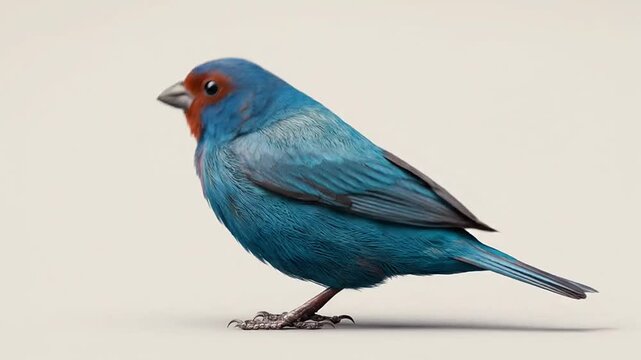Blue and red finch standing on plain background.