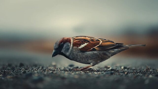 House sparrow standing on a gravel ground surface.