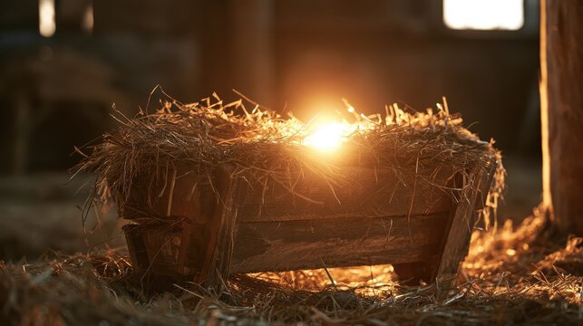 Close up of a rustic wooden manger filled with hay, glowing divine light emanating from inside, empty stable background, anticipation of Christ, photorealistic