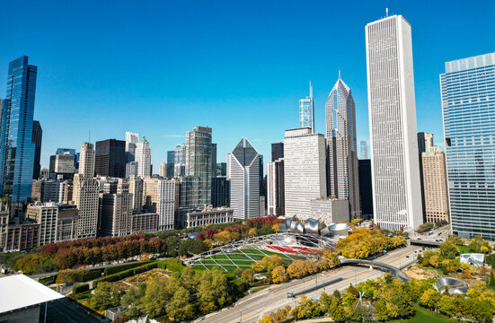 Chicago, Illinois, USA - October 22, 2024: Chicago city park. Skyscraper and office building at business district. Chicago downtown skyscraper. Cityscape aerial. City urban skyline