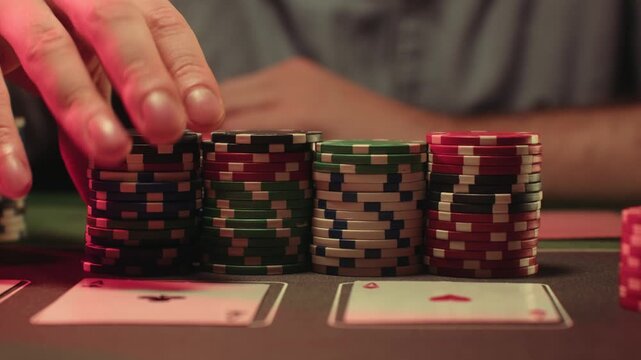 Casino player, Game of poker in casino, taking place with poker chips and cards on a green table betting chips, gambling place, roulette jack pot. All in bet game. 