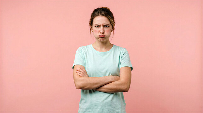 Young woman with arms crossed and pouty face expressing displeasure