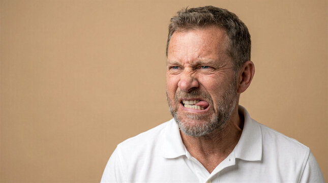 Man biting tongue in disbelief with wrinkled nose and squinting eyes