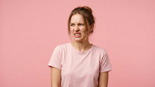 Woman making a disgusted face with wrinkled nose and squinted eyes