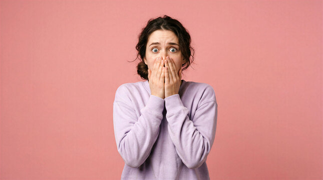 Young woman with wide eyes and hands covering mouth in shock or surprise