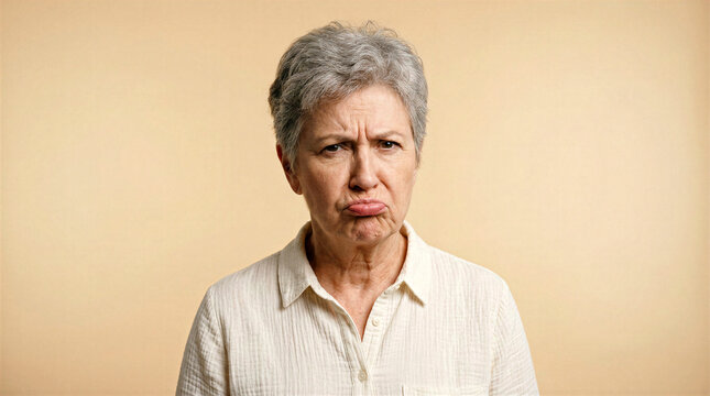 Elderly woman with a displeased expression and pouty lips