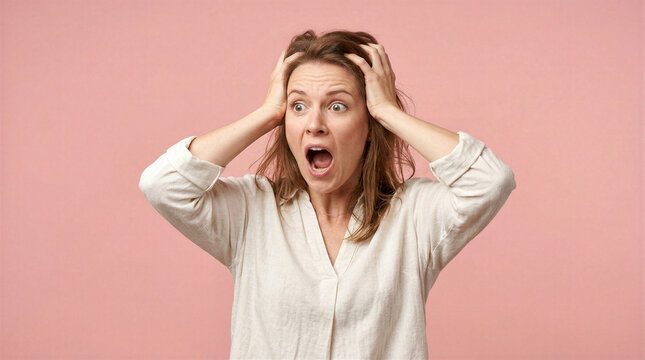 Woman with hands on head expressing shock and horror with mouth open wide