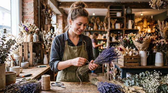 Florist arranging dried lavender bouquet in rustic shop filled with dried flowers and plants