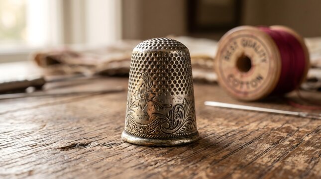 Antique Engraved Metal Sewing Thimble on Rustic Wooden Table