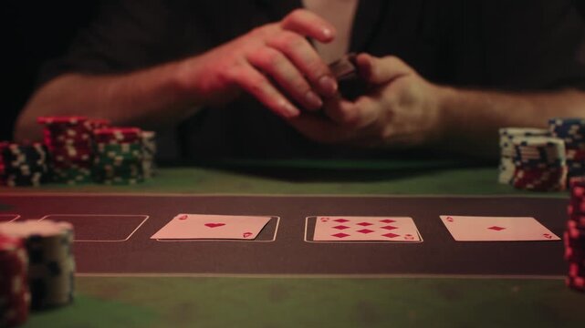 Casino player, Game of poker in casino, taking place with poker chips and cards on a green table betting chips, gambling place, roulette jack pot. All in bet game. 