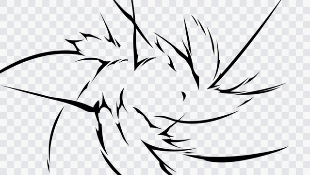 Black and white manga speed line effect with sharp curved strokes, sweeping motion trails, and irregular pointed shapes radiating around an open center. Ideal for manga, comics.
