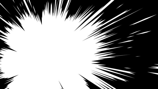 Bold black and white manga impact burst with sharp radial spikes, jagged energy lines, and a powerful explosive center. Dynamic monochrome graphic designed to create a strong sense of impact, speed.