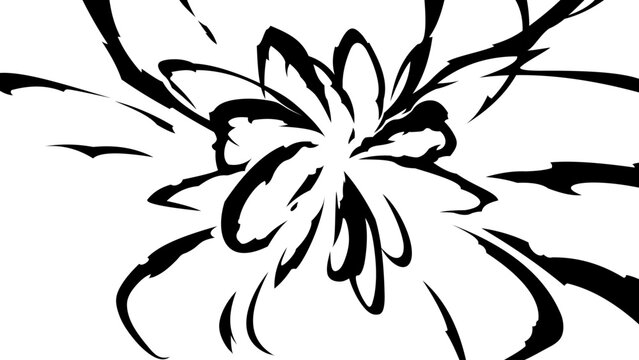Bold black and white manga energy burst with a powerful central flash, sharp flame-like shapes and sweeping radial streaks, creating an explosive comic action effect for anime illustrations.