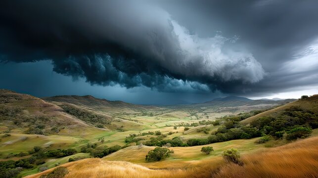 Dramatic Storm Clouds Over Rolling Hills and Lush Green Valleys in a Scenic Landscape
