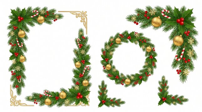 Christmas Holiday Festive Decorative Borders Wreath and Pine Branches Set with Baubles and Holly Berries
