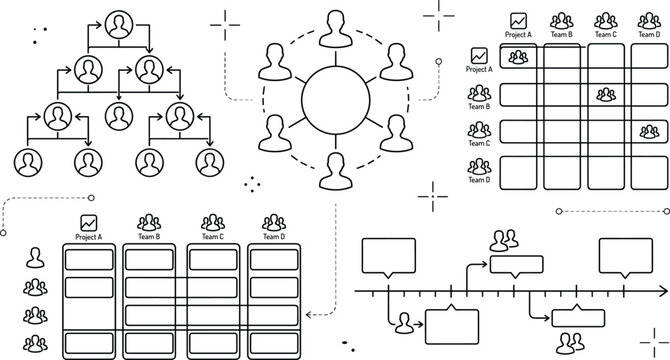 Business organizational chart vector icon set with hierarchy structure matrix table timeline and workflow diagrams in line art