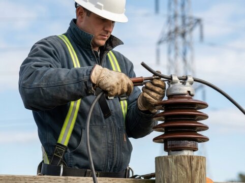 Skilled Electrician Working on Power Lines with Insulator