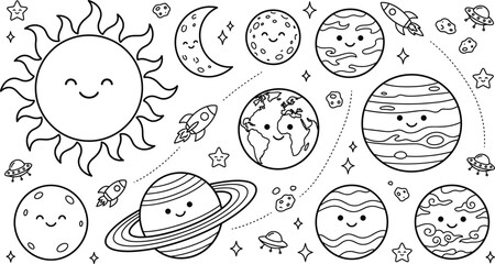 Cute outer space and solar system line icon set featuring cartoon sun planets earth rocket and star vectors © Vactor Itbd
