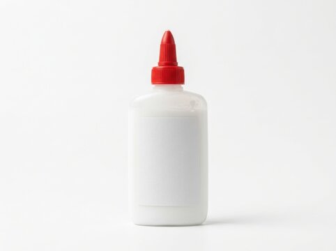White glue bottle with blank label and red cap isolated on white background