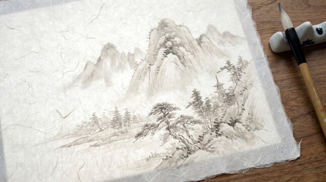 Traditional chinese ink wash painting of misty mountains on textured paper with chinese art mountain landscape calligraphy brush