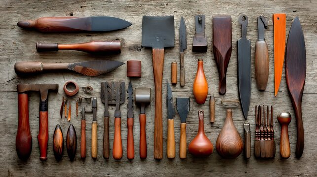 Assorted Handcrafted Wooden Tools Arranged on Rustic Wood Surface for Crafting and Artistic Projects