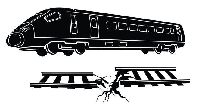 Black silhouette of a high speed train above fractured railway tracks
