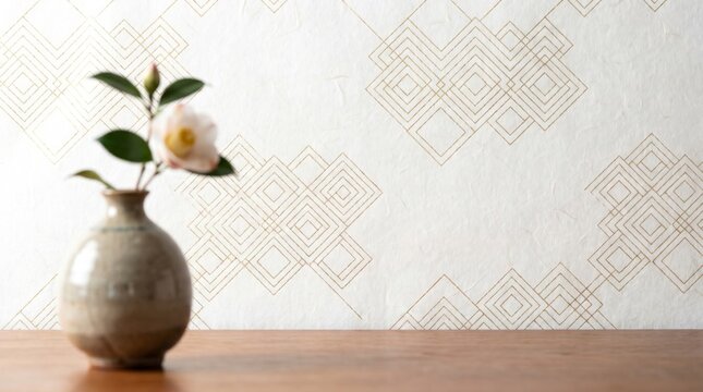 Single camellia flower in a rustic ceramic vase on a wooden surface against a textured patterned wallpaper with wooden table