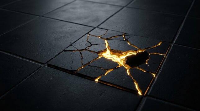 Square dark ceramic floor tiles with a single broken panel emitting bright orange glowing lava light broken tile cracked floor
