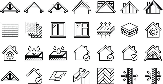 House construction and roof engineering line icon set featuring truss frames brick walls window insulation and waterproofing vectors