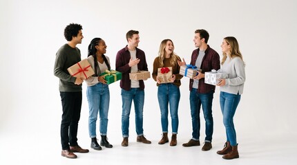 Obraz premium Diverse group of friends sharing gifts and laughing together on white background