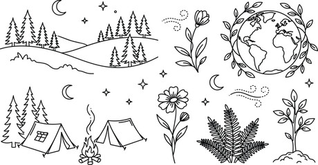 Fototapeta premium Nature conservation and night camping line icon set featuring planet earth forest landscapes tents campfire and botanical vectors