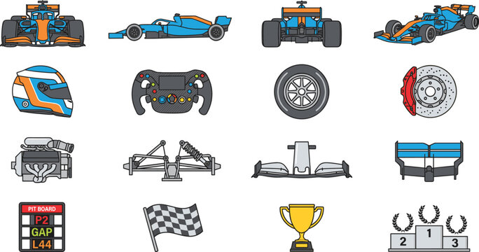 Formula Racing Car Icon Set with Helmet and Trophy