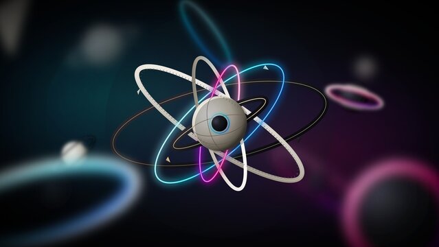 Atomic structure model with glowing orbital rings in deep space