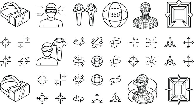 Virtual reality line icon set featuring VR headsets controllers avatar 360 degree panoramic view and metaverse technology vectors