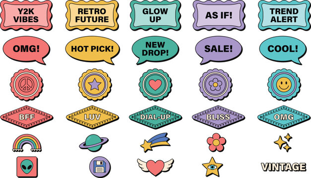 Retro Y2K Sticker Set with Speech Bubbles and Badges