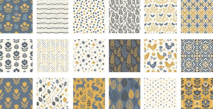 Scandinavian Folk Seamless Pattern Set with Floral and Animal Motifs
