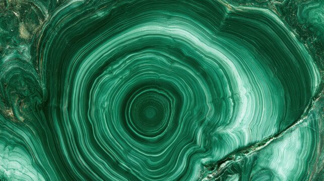 A polished malachite stone features concentric green banded swirls. The natural stone backdrop offers texture and copy space for creative uses.